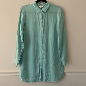 J Jill Love Linen Button Front Tunic Top Blue Size S Side Vents Resort Lagenlook